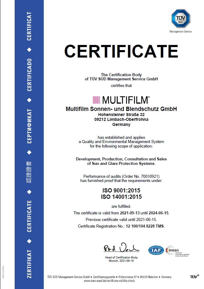 Certificate about quality management (acc. to ISO 9001: 2015) and environmental management system (acc. to ISO 14001: 2015)