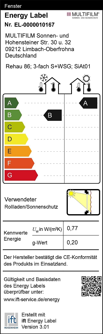 Energy-Label für Folienrollo an 3fach Sonnen- und Wärmeschutzverglasung
